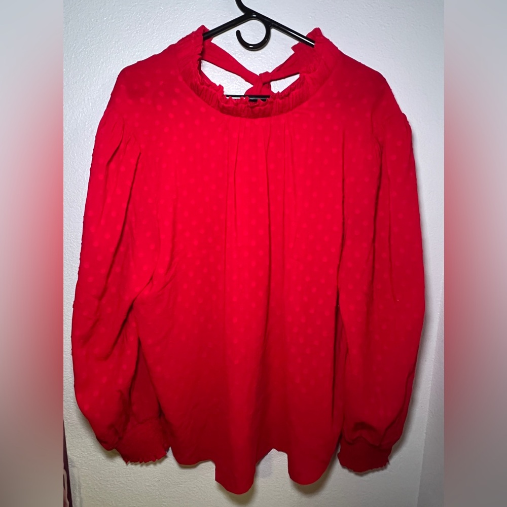 Loft Long Sleeve Red Blouse with Polka Dot Pattern and Tied Bow